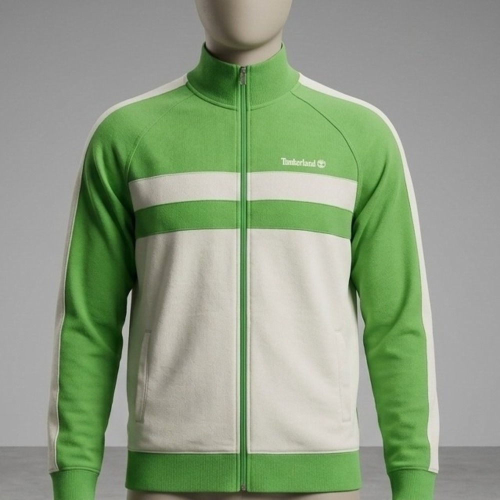 Timberland Mens Track Jacket Green Cream Full Zip Cotton Logo Large 94463